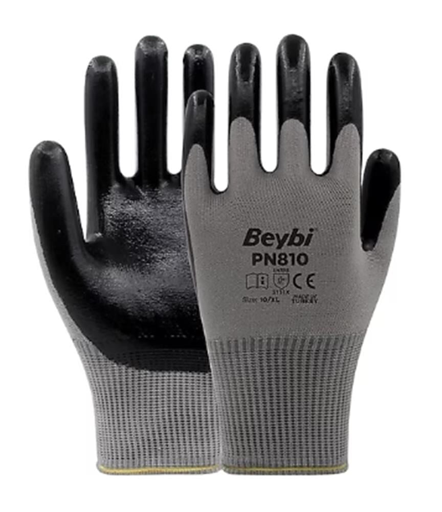 Beybi Nitril Poly Pn810 10 Beden Gri-Siyah 12li Eldiven