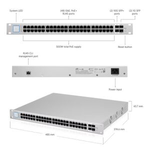 UBIQUITI US-48-500W 48 PORT GIGABIT +2X1GB/2X10GB SFP UPLINK RACKMOUNT 500W POE SWITCH
