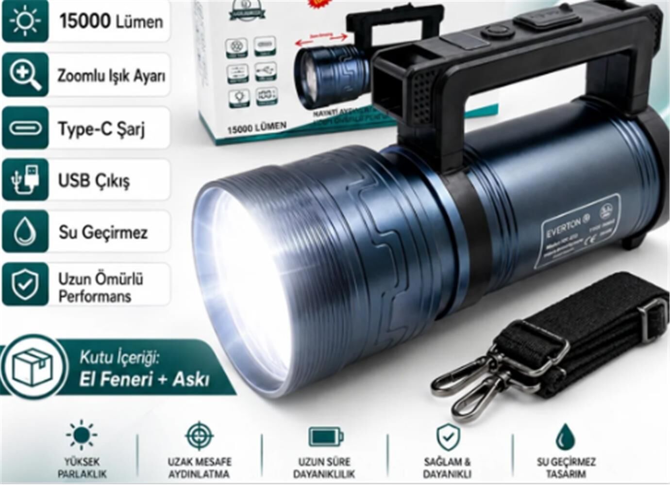 Everton Rt-829 Şarjlı Projektör 150w Zoom Led gösterge 1500lümen 3 Seviye Aydınlatma