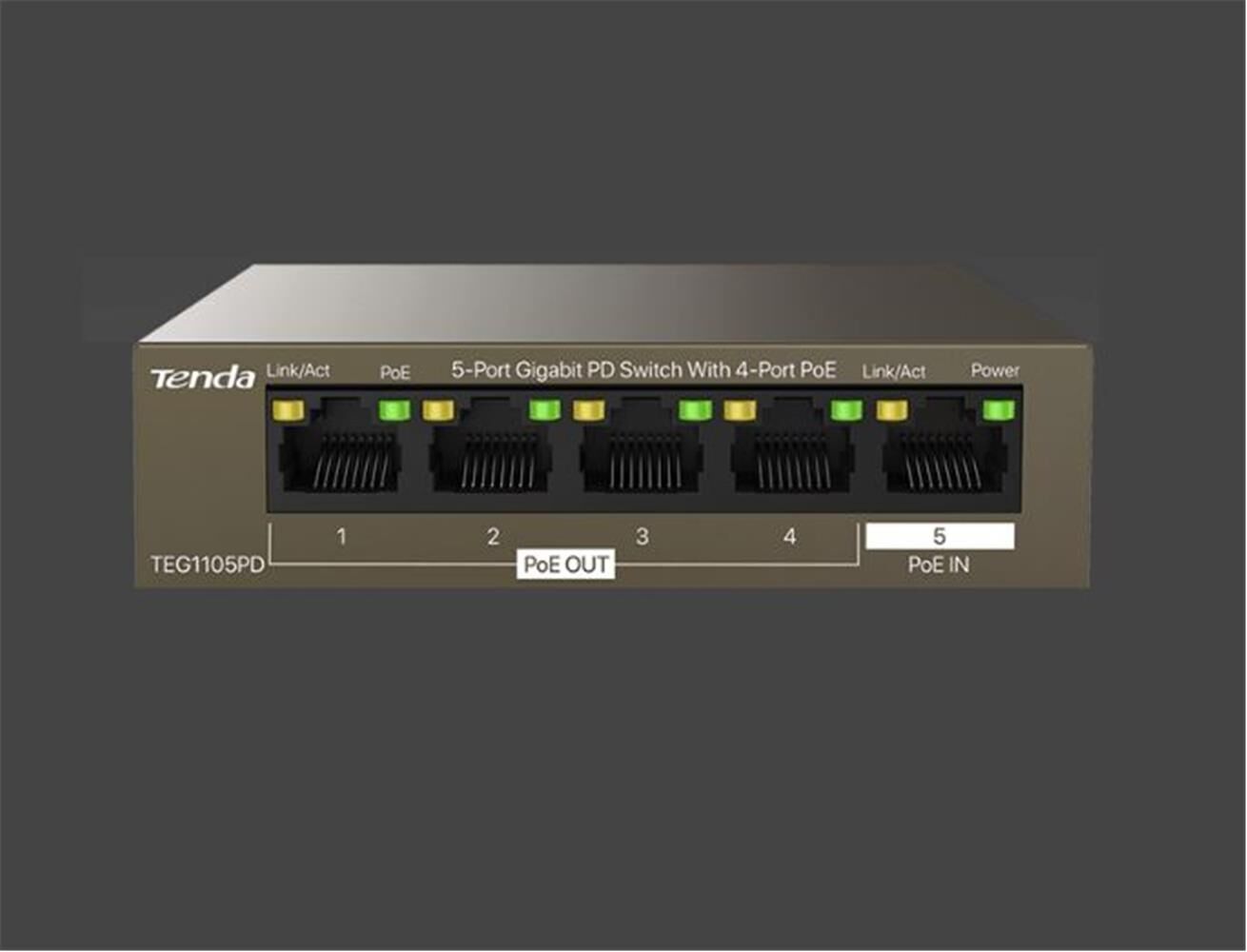 Tenda TEG1105PD 5 Port 4 Port Poe+ 1 Port Poe+ İN 10-100-1000 Switch Çelik Kasa Rack Mount