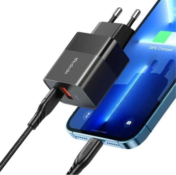 MCDODO CH-1952 20W 1xType-C ve 1xUSB Girişli Şarj Adaptörü + Type-C To iPhone Kablo - Siyah