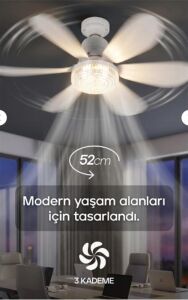 Feny Fn-F82 Zefira 3 Kademe Ultra Sessiz Uyku Mod 3000k-6500K Kristal Led Tavan Vantilatörü Kumanda