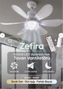 Feny Fn-F82 Zefira 3 Kademe Ultra Sessiz Uyku Mod 3000k-6500K Kristal Led Tavan Vantilatörü Kumanda