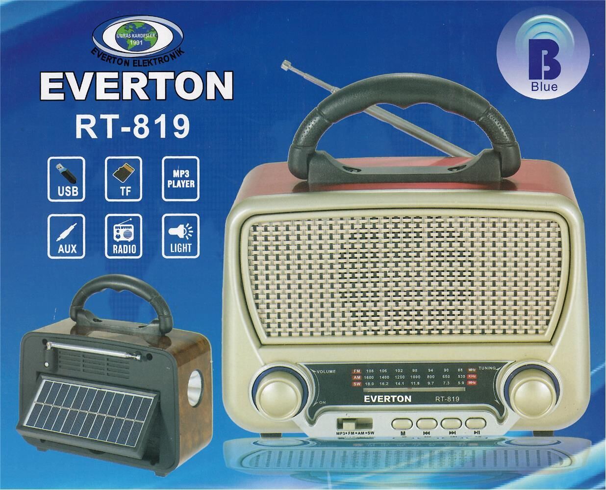 Everton Rt-819 (Solar Güneş Panelli) Bluetooth Fm-Usb-Tf Card-AUX Şarjlı Nostaljik Radyo El Feneri