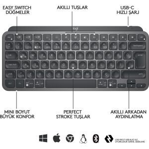 LOGITECH MX KEYS MINI MINIMALIST KABLOSUZ BLUETOOTH AYDINLATMALI Q TR KLAVYE SİYAH 920-010504