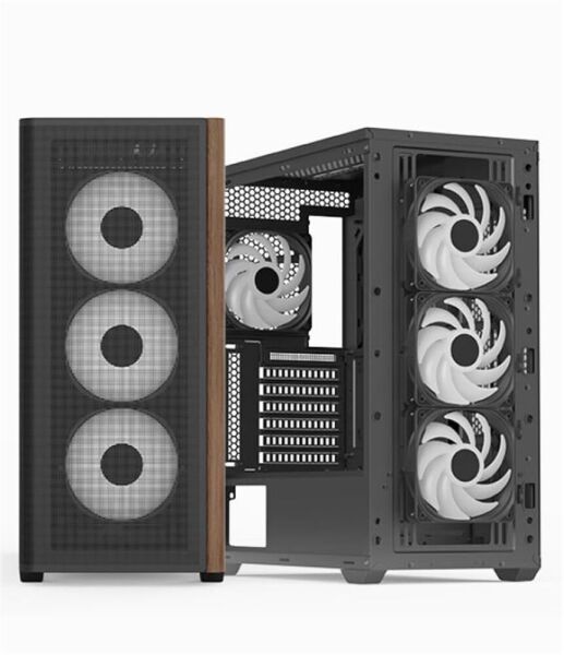 Aerocool AE  D501A BK 4x12cm A-RGB Fanlı, Ahşap Ön Panel Temp Cam Yan ve Mesh Ön Panel,USB Type-C