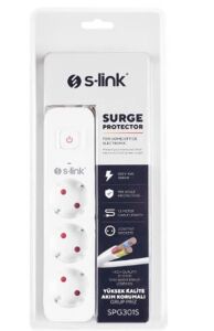 S-link SPG301S 1.5m 3x1.5mm 100 yüzde  Bakır 750 Joule 3 lü Anahtarlı Akım Korumalı Priz