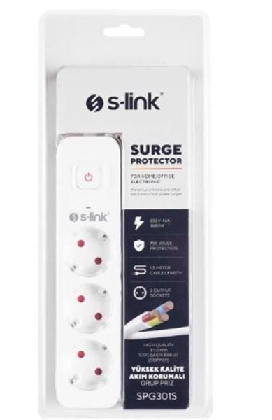 S-link SPG301S 1.5m 3x1.5mm 100 yüzde  Bakır 750 Joule 3 lü Anahtarlı Akım Korumalı Priz