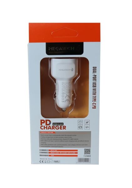 Megatech T-05M40 Beyaz  40W PD-USB Araç Çakmaklık Şarj Başlığı Hızlı Şarj