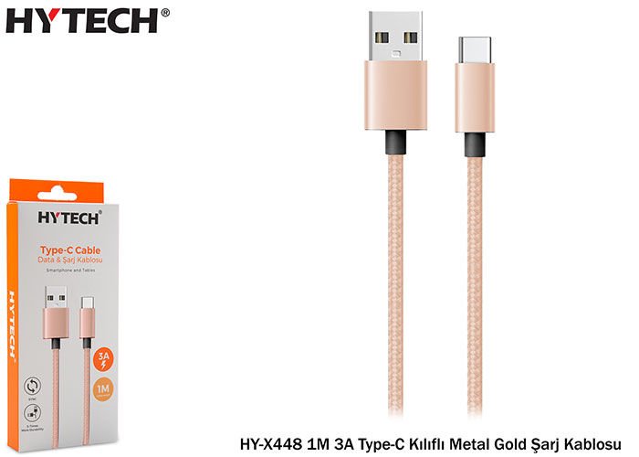 Hytech HY-X448 1M 3A Type-C Kılıflı Metal Gold Şarj Kablosu