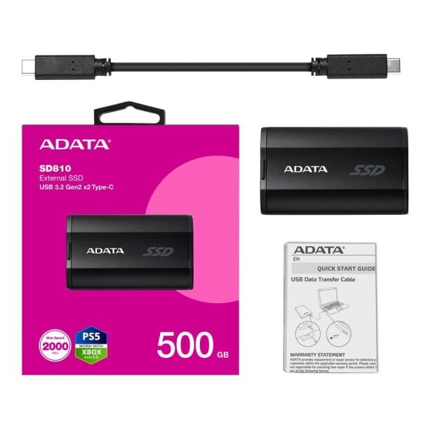 Adata 500Gb SD810 Siyah Taşınabilir Usb 3.2 Gen2  x2 Type-C Ssd Harici Disk