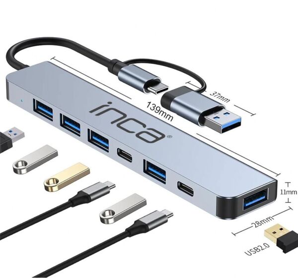 Inca IUTP-7T Usb+Type-c Girişli USB 3.0+4X USB 2.0 Type-C 5V 2X Type-C 100W Çoklayıcı