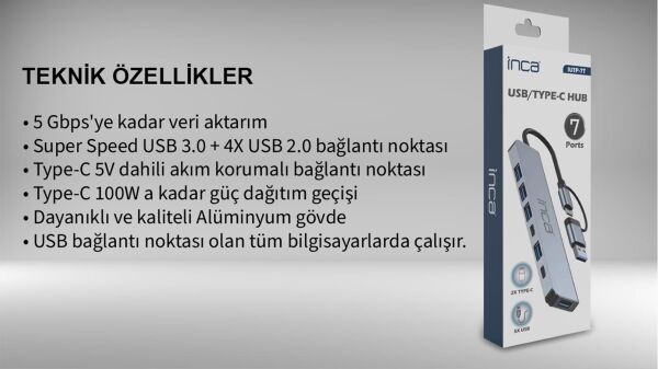 Inca IUTP-7T Usb+Type-c Girişli USB 3.0+4X USB 2.0 Type-C 5V 2X Type-C 100W Çoklayıcı