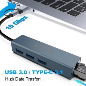Inca IUTP-03TX Ethernet Usb 3.0+Type-C 3.1 Grişli 000 Mbps 3X3.1Usb Eternet-Çoklayıcı