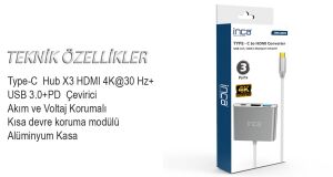 Inca ITPC-04TX Type-c Hub HDMI 4K@30hz USB3.0+PD100W Akım ve Voltaj Korumalı Alüminyum Çoklayıcı