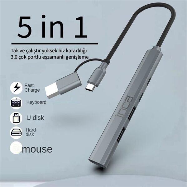 Inca IUTP-06TX 5in1 USB 3.0 + 2xUSB 2.0+Type-C+PD 100W USB+Type-C Çoklayıcı 3.0 ile 5 Gbps