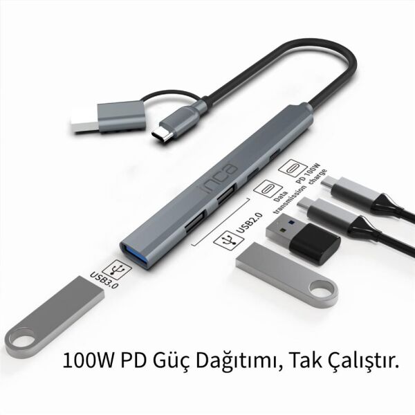 Inca IUTP-06TX 5in1 USB 3.0 + 2xUSB 2.0+Type-C+PD 100W USB+Type-C Çoklayıcı 3.0 ile 5 Gbps