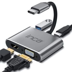 Inca ITPC-06TX USB C 4in1 – HDMI+VGA+USB+Güç Dağıtım Adap 4K@30Hz HDMI Çoklayıcı 100W PD Güçı