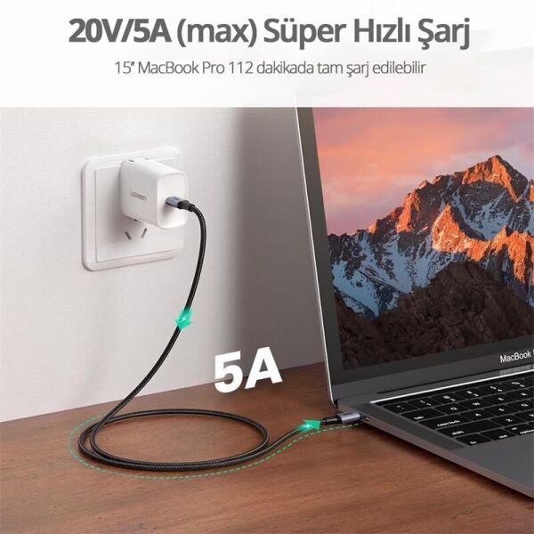 UGREEN TYPE-C 100W 5A QC PD ÖRGÜLÜ HIZLI ŞARJ KABLOSU 2 MT SİYAH 90440