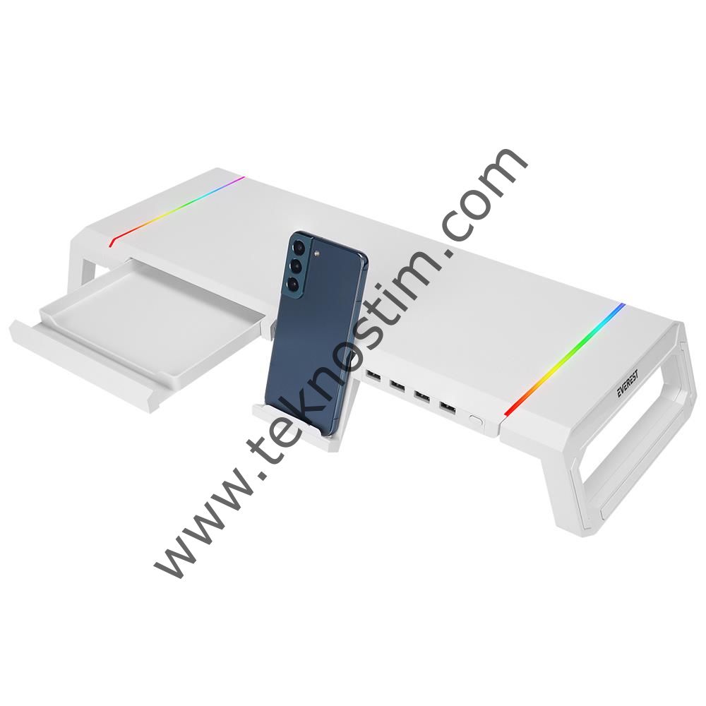 Everest ST1 4 USB Hub RGB Işıklı Katlanabilir Yükseklik Ayarlı Beyaz Monitör Standı