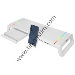 Everest ST1 4 USB Hub RGB Işıklı Katlanabilir Yükseklik Ayarlı Beyaz Monitör Standı