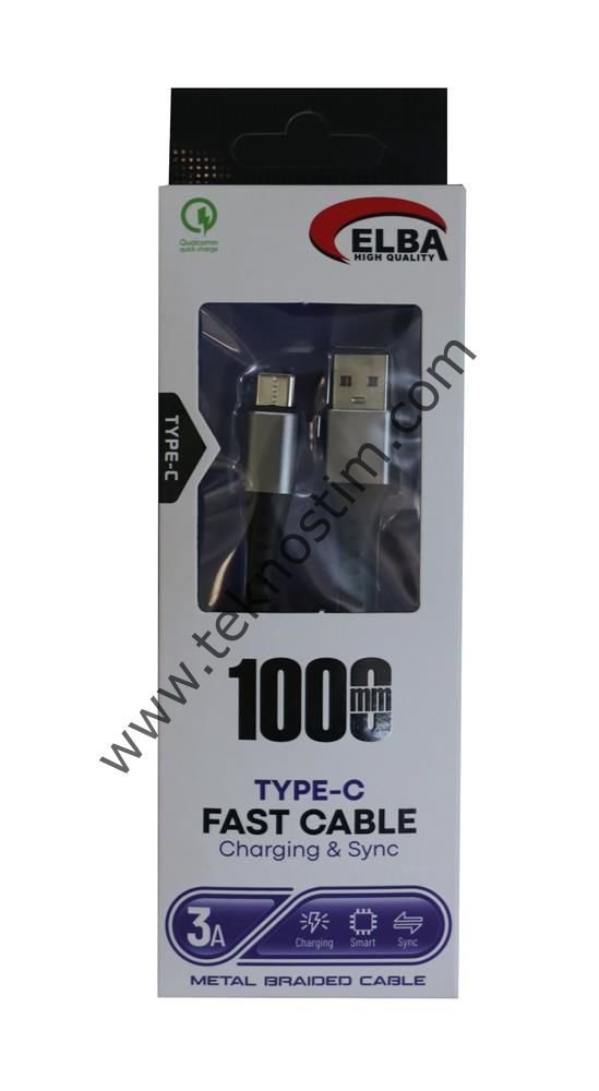 Elba Elb34-Typ Type-c 1mt 3A Hızlı Şarj Hasırlı Siyah Kablo