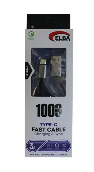 Elba Elb34-Usb Type-c 1mt 3A Hızlı Şarj Hasırlı Siyah Kablo