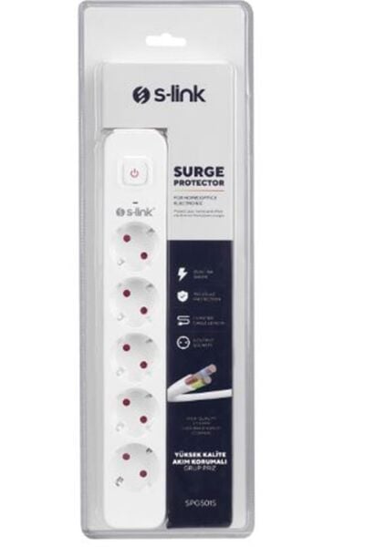 S-link SPG501S 1.5m 1.5mm 100 yüzde  Bakır 750 Joule 5 li Anahtarlı Akım Korumalı Priz