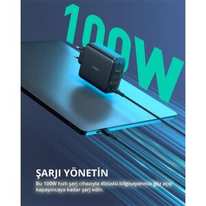 AUKEY PA-B7S-BK 100W DÖRT BAĞLANTI NOKTALI PD GAN DUVAR ŞARJ CİHAZI