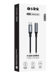 S-link Armor FC-01 15cm Type-C to F AUX Örgülü Metal Başlıklı Siyah Ses Kablosu