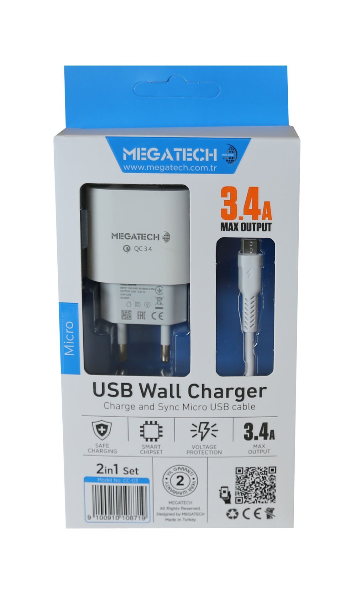 Megatech MT-CM34  3.4A Micro Usb Kablo+ Ev Şarj Adaptörü Hızlı Şarj
