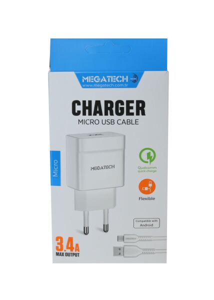Megatech MT-CM34  3.4A Micro Usb Kablo+ Ev Şarj Adaptörü Hızlı Şarj