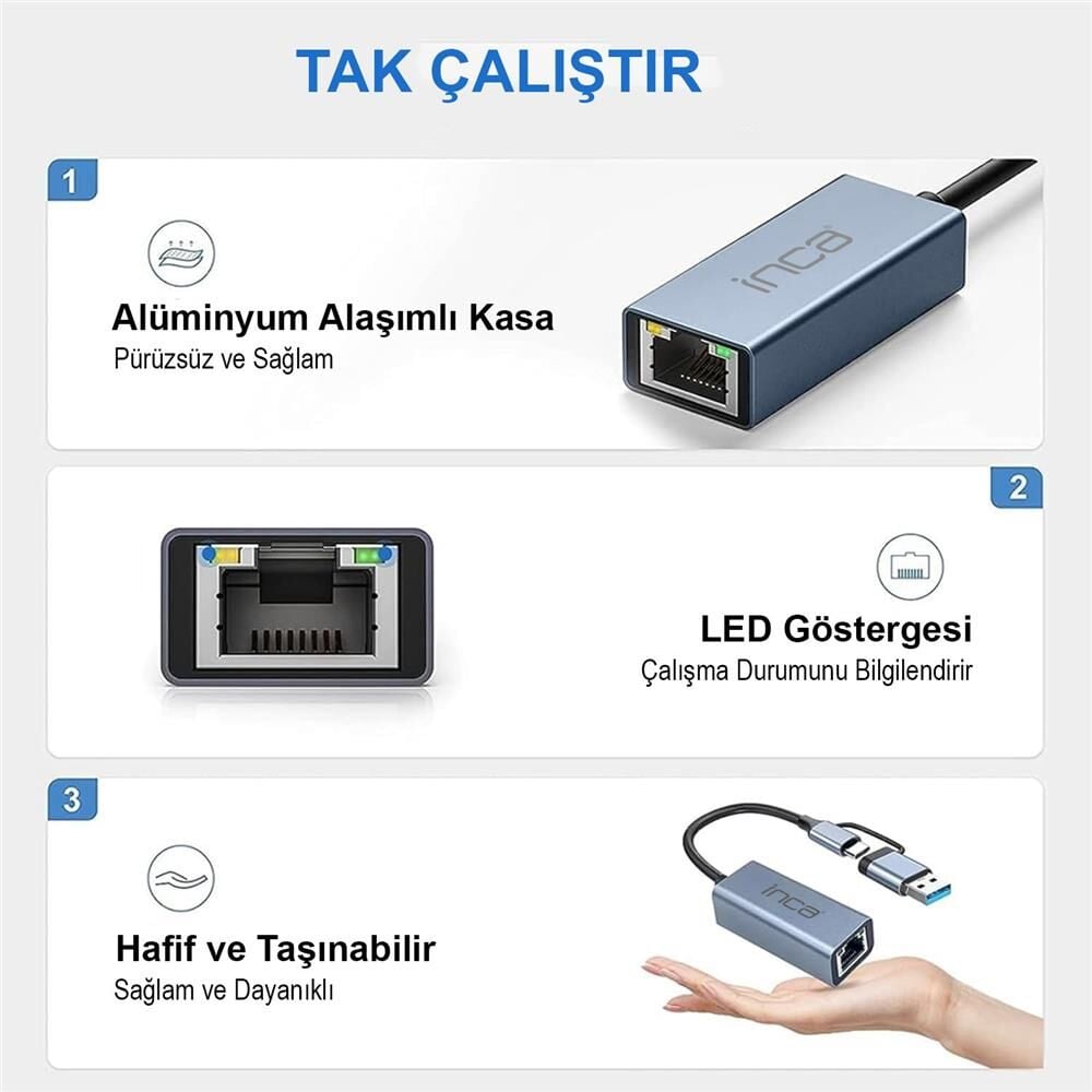 Inca IUTP-01TX Ethernet Adaptörü USB ve TYPE-Cye Bağlantı USB 3.0 ve TYPE-C 3.1 Alüminyum 1000Mbps