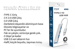 Inca IUSB-04T Type-C Grişli 4Port Usb Hub 3X2.0 USB Çıkış 3.0 USB Çıkış 5 Gbps