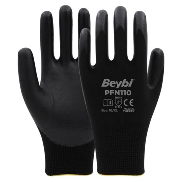 PFN110 10 Beden Siyah Polyester Örgü Üzeri ½ Köpük Nitril Kaplı Eldiven 12li Paket En388 (3131X)