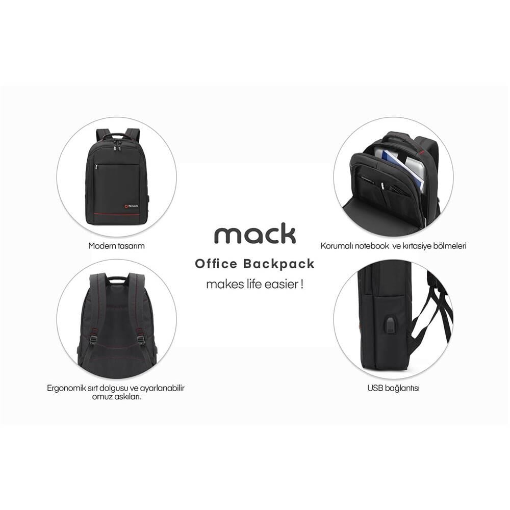 Mack MCC-007 17.3'' Office USB Girişli Notebook Sırt Çantası Siyah (Dahili USB Şarj Portu)