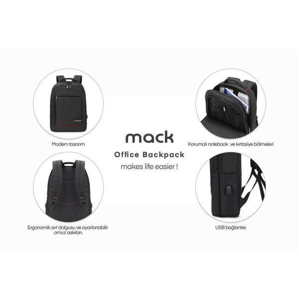 Mack MCC-007 17.3'' Office USB Girişli Notebook Sırt Çantası Siyah (Dahili USB Şarj Portu)