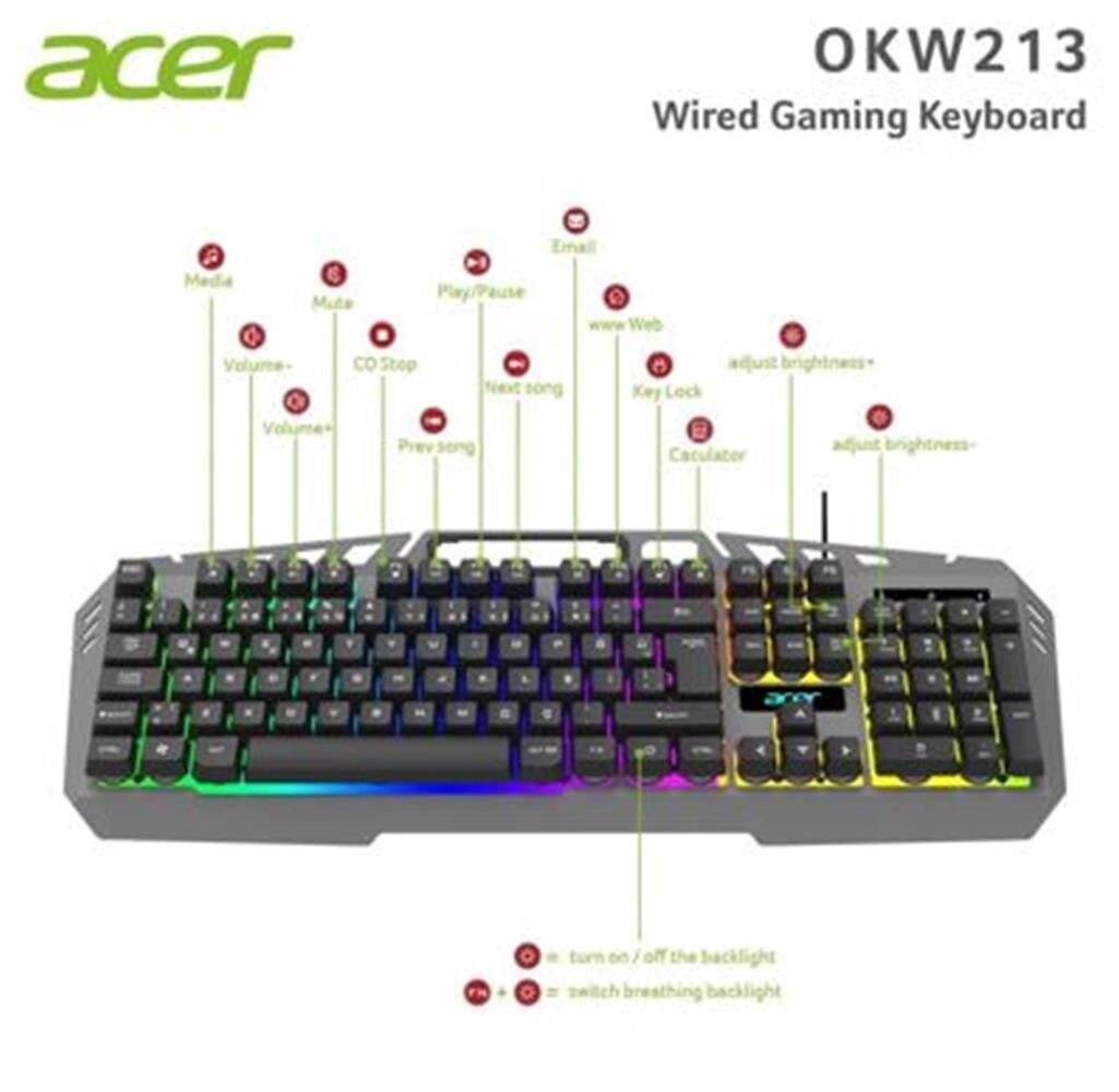 Acer OKW213 Gri RGB Rainbow Backlit Gaming Keyboard Rainbow (Kablo Uzunluğu 1,5mt)
