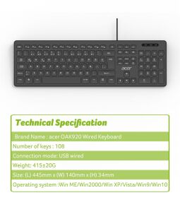Acer OAK920 Q Usb SİYAH 1.8mt  Kablolu Klavye-Tek Tuş Hesap Makinalı (Sessiz Tuş)