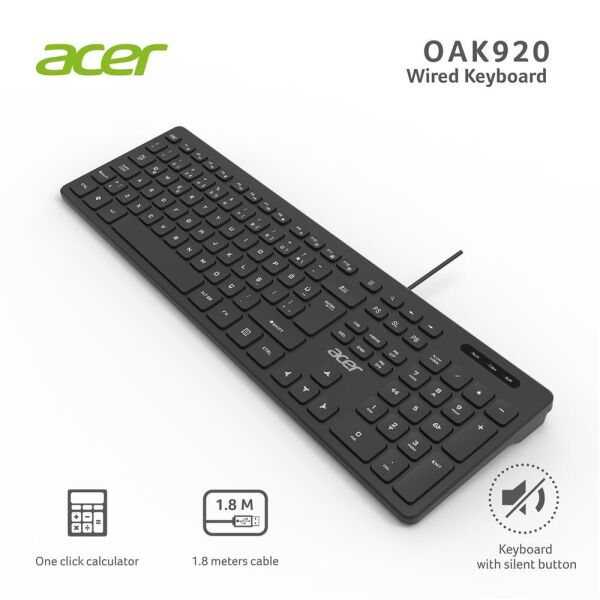Acer OAK920 Q Usb SİYAH 1.8mt  Kablolu Klavye-Tek Tuş Hesap Makinalı (Sessiz Tuş)