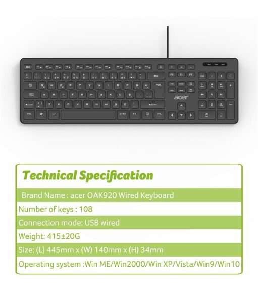 Acer OAK920 Q Usb SİYAH 1.8mt  Kablolu Klavye-Tek Tuş Hesap Makinalı (Sessiz Tuş)
