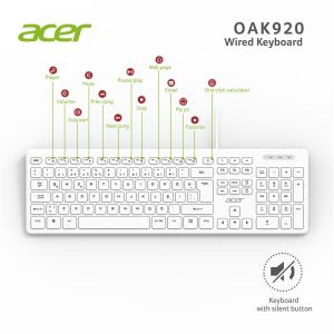 Acer OAK920 Q Usb Beyaz 1.8mt Kablolu Klavye-Tek Tuş Hesap Makinalı (Sessiz Tuş)