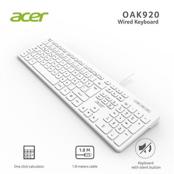 Acer OAK920 Q Usb Beyaz 1.8mt Kablolu Klavye-Tek Tuş Hesap Makinalı (Sessiz Tuş)