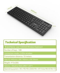 Acer OAK-920 Siyah Kablosuz Klavye 2.4Ghz Caps Lock (Smart Tv- Wifi)