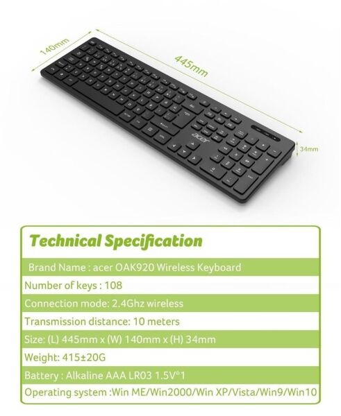 Acer OAK-920 Siyah Kablosuz Klavye 2.4Ghz Caps Lock (Smart Tv- Wifi)
