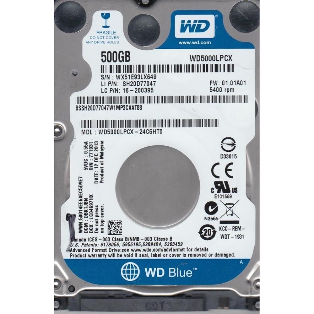 Wd 500Gb Blue 2,5'' 32Mb 5400Rpm Wd5000Lpcx Notebook Harddisk