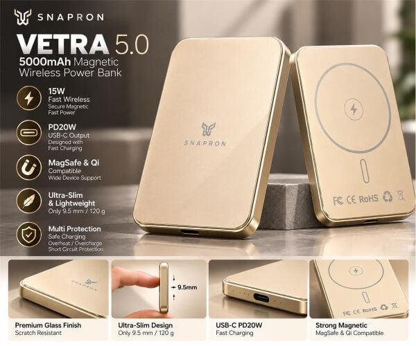 Snapron Snppb01-06 Gold 5000 mah Pd 20W USB- C MAGSAFE Ultra Silim ( Magnetic Wireless)