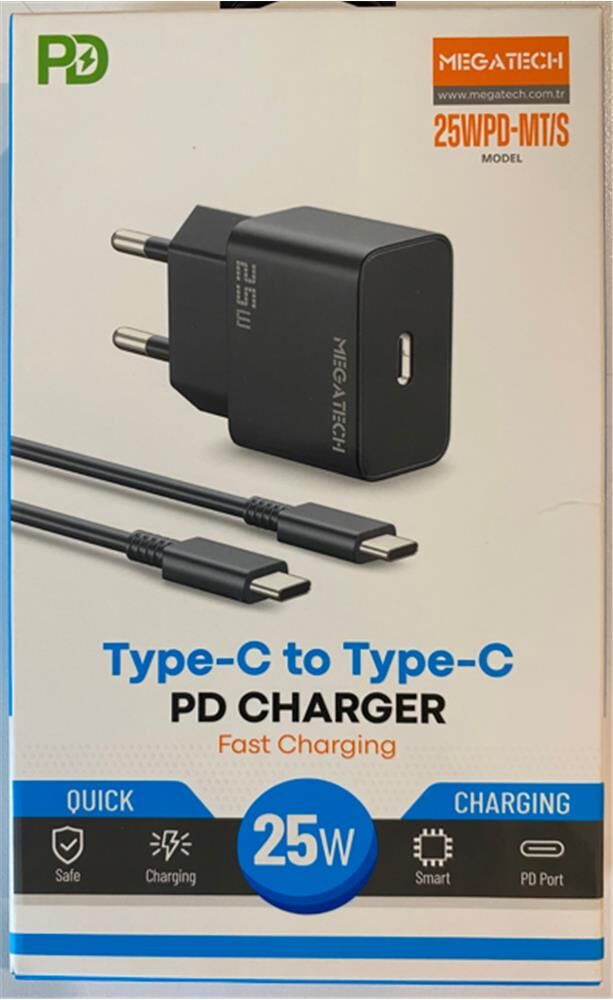 Megatech 25Wpd-Mt-S 25w Type-C Ev Şarj Kafa+Type-c to Typec Kablo ( Hızlı Şarj )
