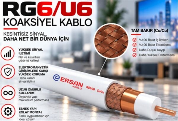 Ersan RG 6-U6 Cu - Cu Class B PVC 100 Metre Beyaz Uydu Kablosu
