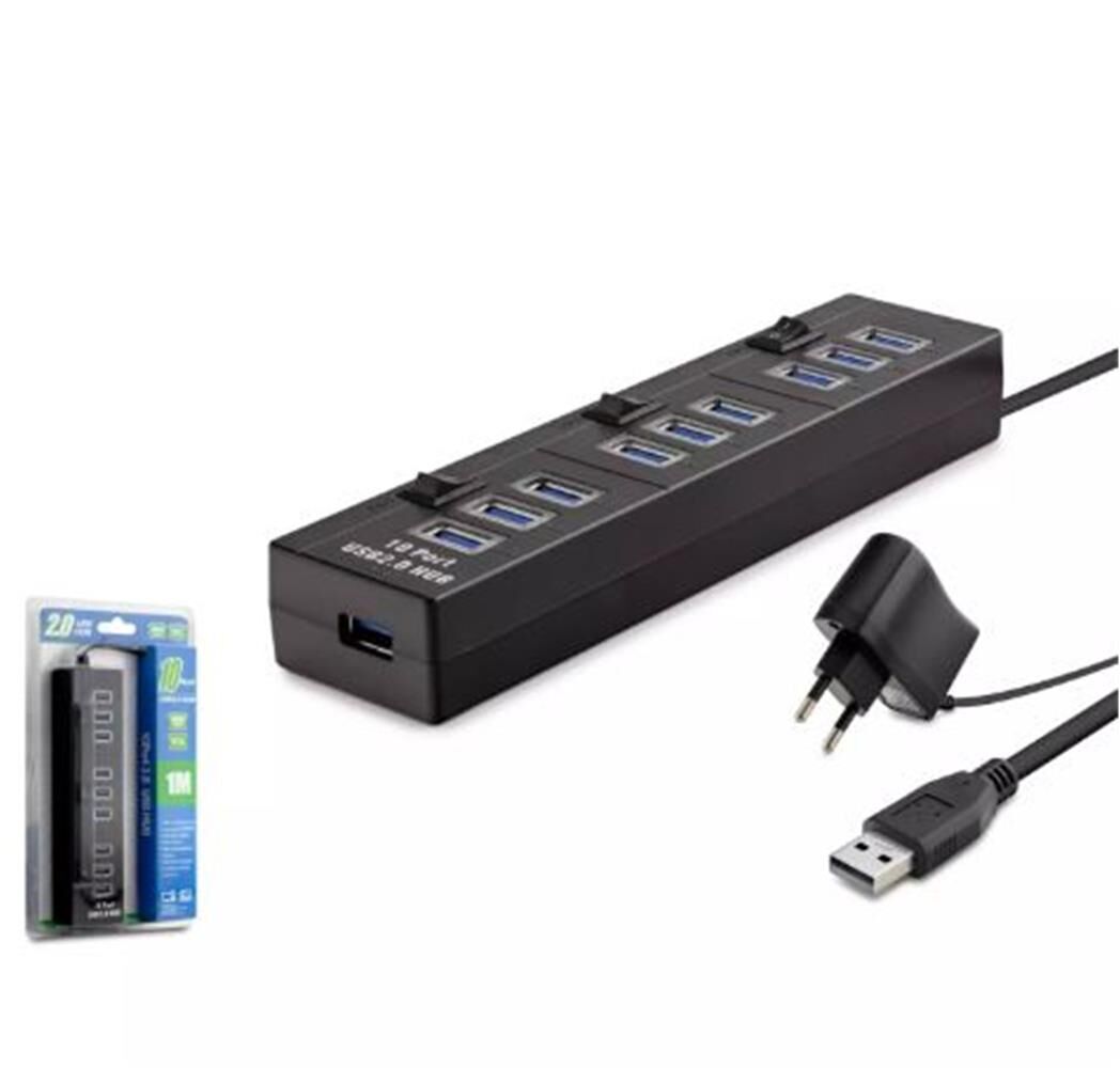 Hadron Hdx7005 Usb Hub 10-Usb 1M Siyah ( Güç Adaptörlü)
